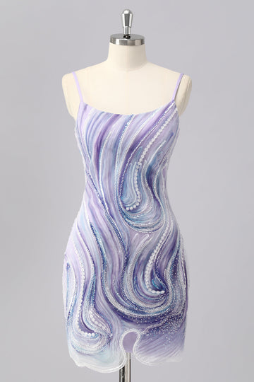 Sparkly Lilac Bodycon Beaded Cocktail Dress with Sequins